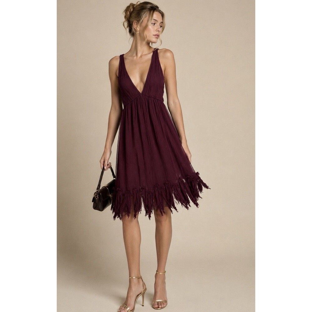 ELIZABETH & JAMES Burgandy Silk Chiffon Priscilla Foliage Fringe Dress M Fairy